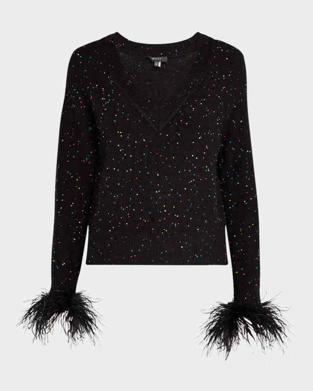 Feather-Cuff Sequined Knit Sweater